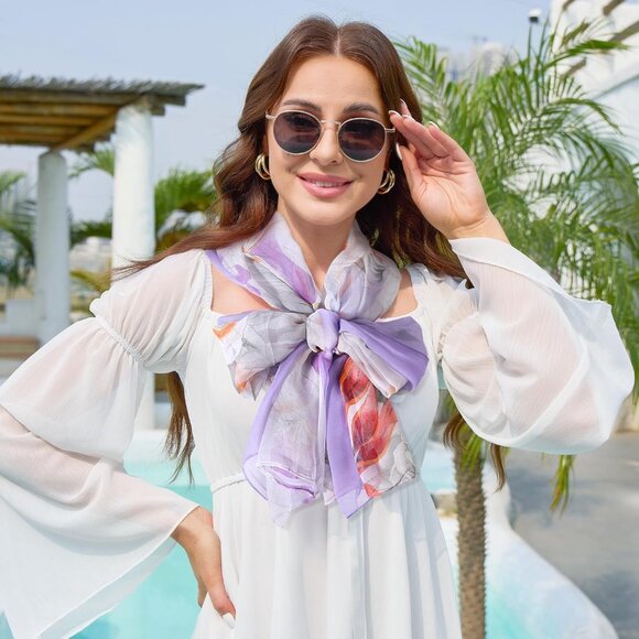 Women's Grey Purple Fashion Lightweight Head Scarf Floral Print Chiffon Scarves - Picture 3 of 6